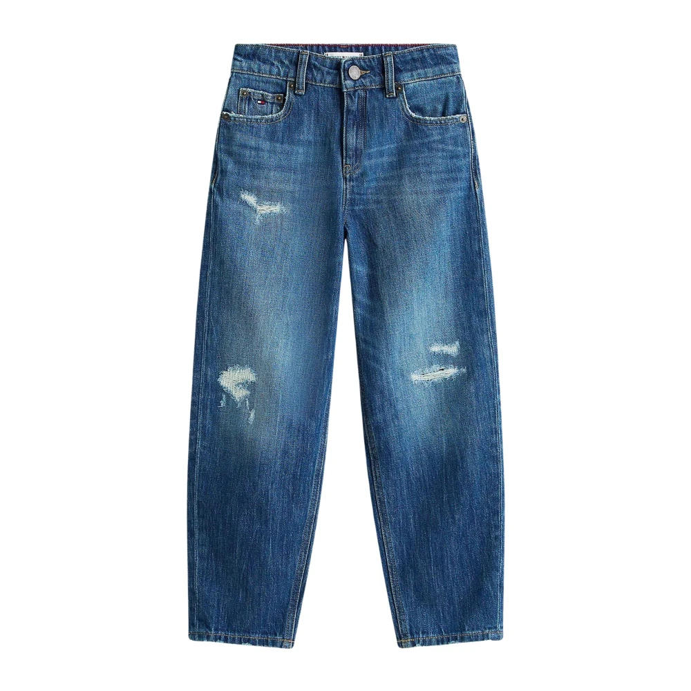 Tommy Hilfiger Girls Blue Jeans, 12 Y, Distressed Faded Tapered Barrel Leg Jeans