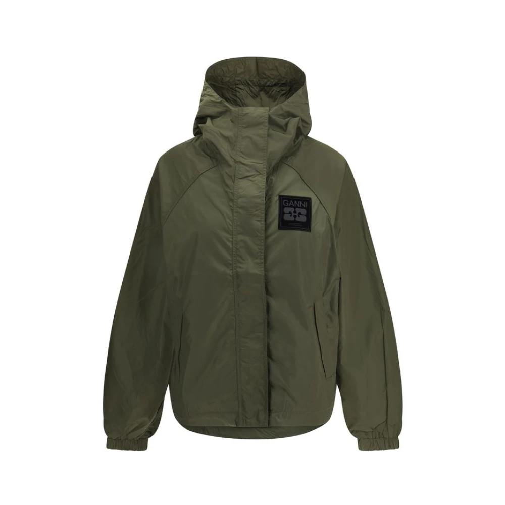 Ganni Women's Green Waterproof Jacket With Hood And Pockets - Rain Jackets - L/Xl - Jackets