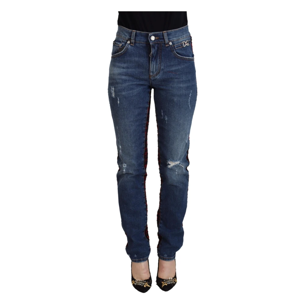Dolce & Gabbana Women's Blue Slim Fit Jeans, Xs, Checkered Back Skinny Denim Jeans