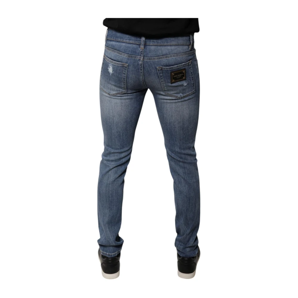 Dolce & Gabbana Versleten Skinny Denim Jeans met Logo Blue Heren