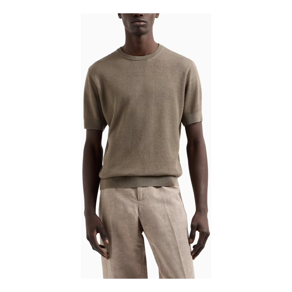 Emporio Armani Geribbelde ronde hals korte mouw trui Gray Heren