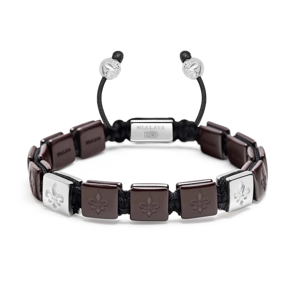 Nialaya Men's Gray Bracelets, M, Ceramic Flatbead Bracelet In Dark Red And Sterling Silver
