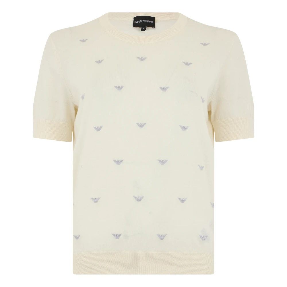 Emporio Armani Women's Beige Round-Neck Knitwear, M, Jumper With All-Over Micro Eagles Embroidery