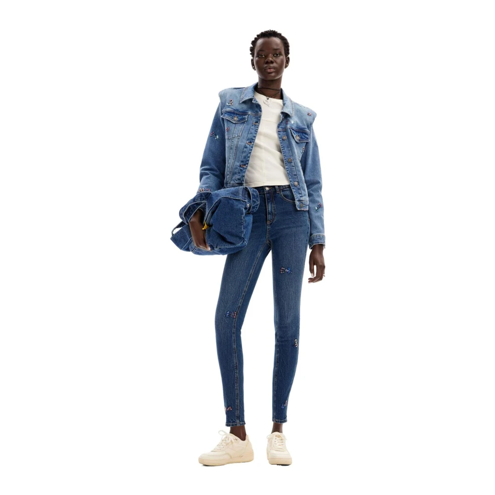 Desigual Bloemversierde Skinny Jeans Blue Dames
