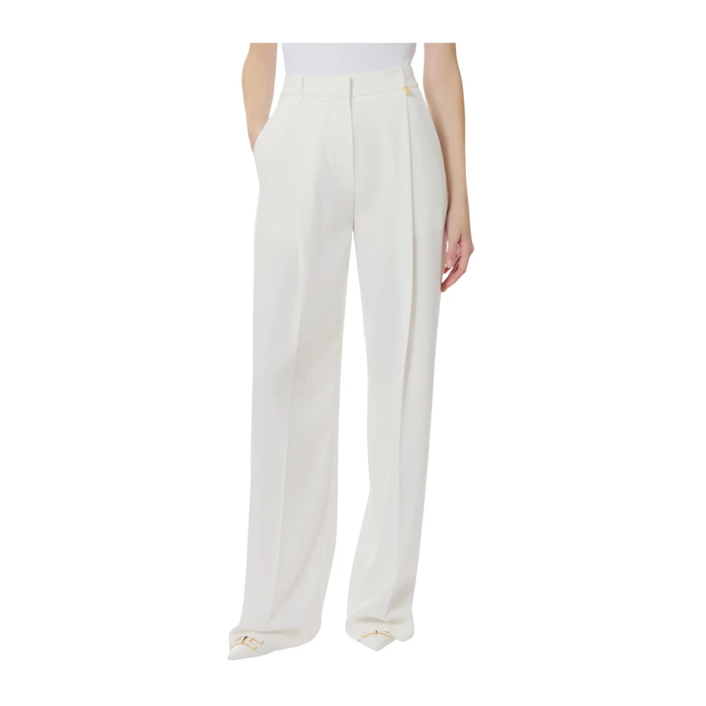 Elisabetta Franchi Beige Lightweight Crepe Trousers With Logo Charm - Female - Wide Trousers - S - Trousers