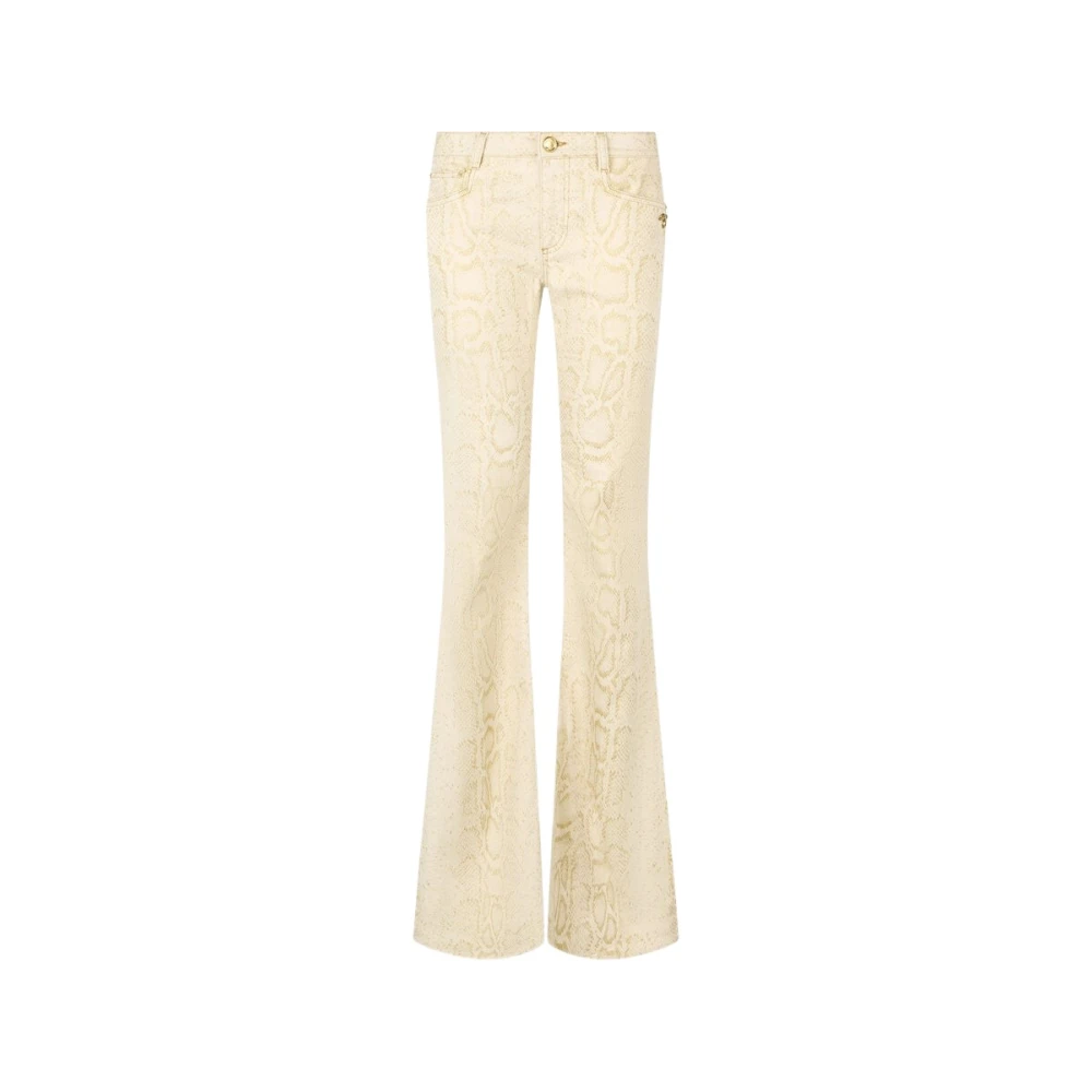 Roberto Cavalli Beige White Flared Jeans With Gold Python Motif - Female - Flare Jeans - L - Jeans