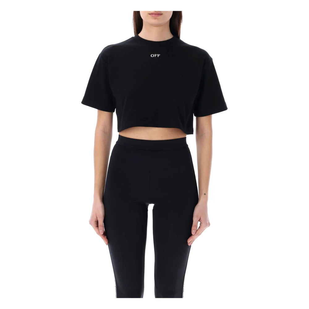 Off White Women's Black T-Shirts, S, Off Stamp Rib Cropped Tee
