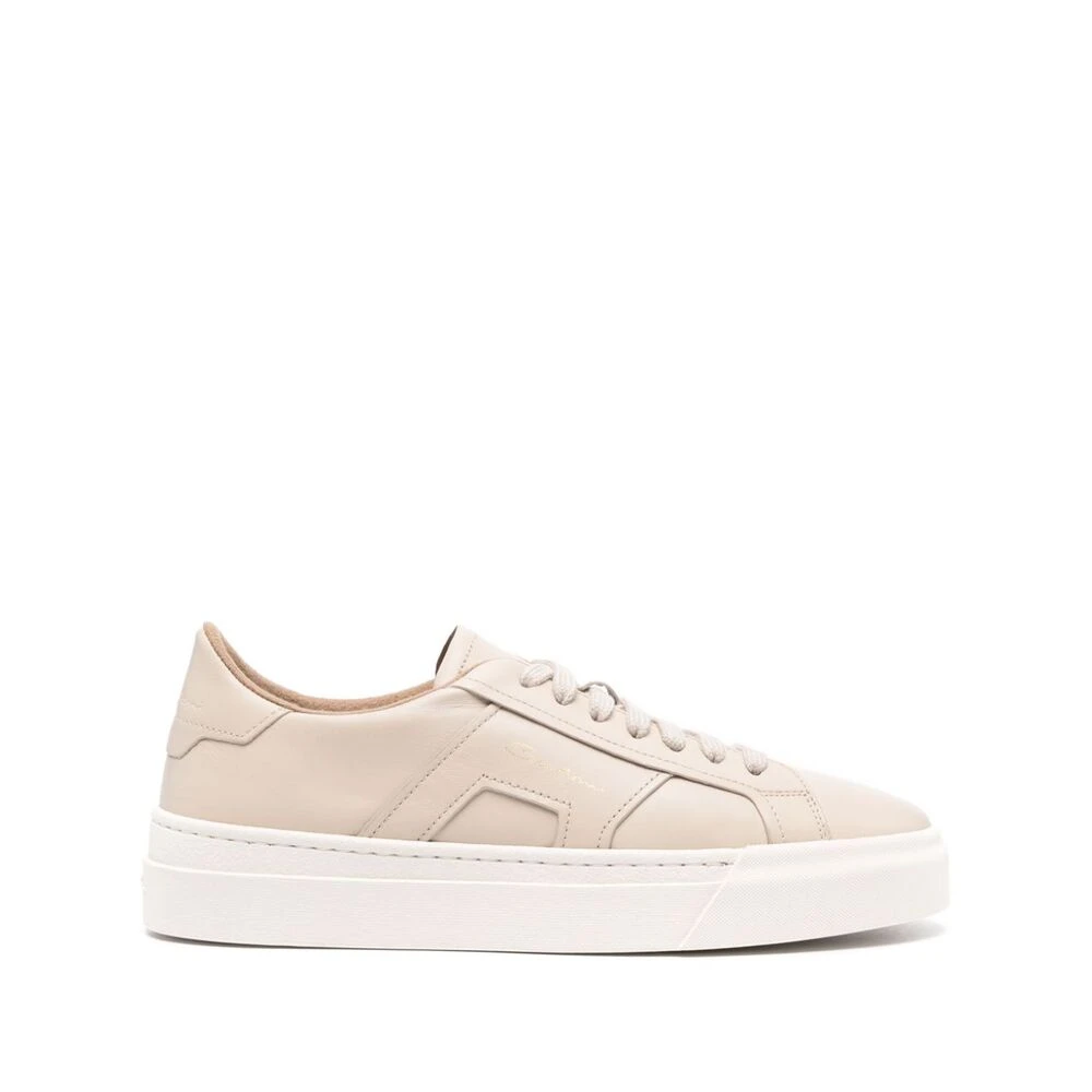 Beige Skinn Sneakers med Logo Detalj