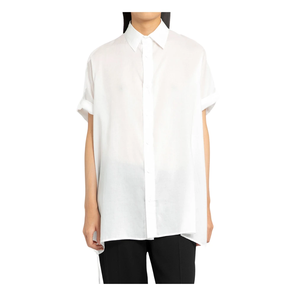 Yohji Yamamoto Witte korte mouw blouse met asymmetrische zoom White Dames