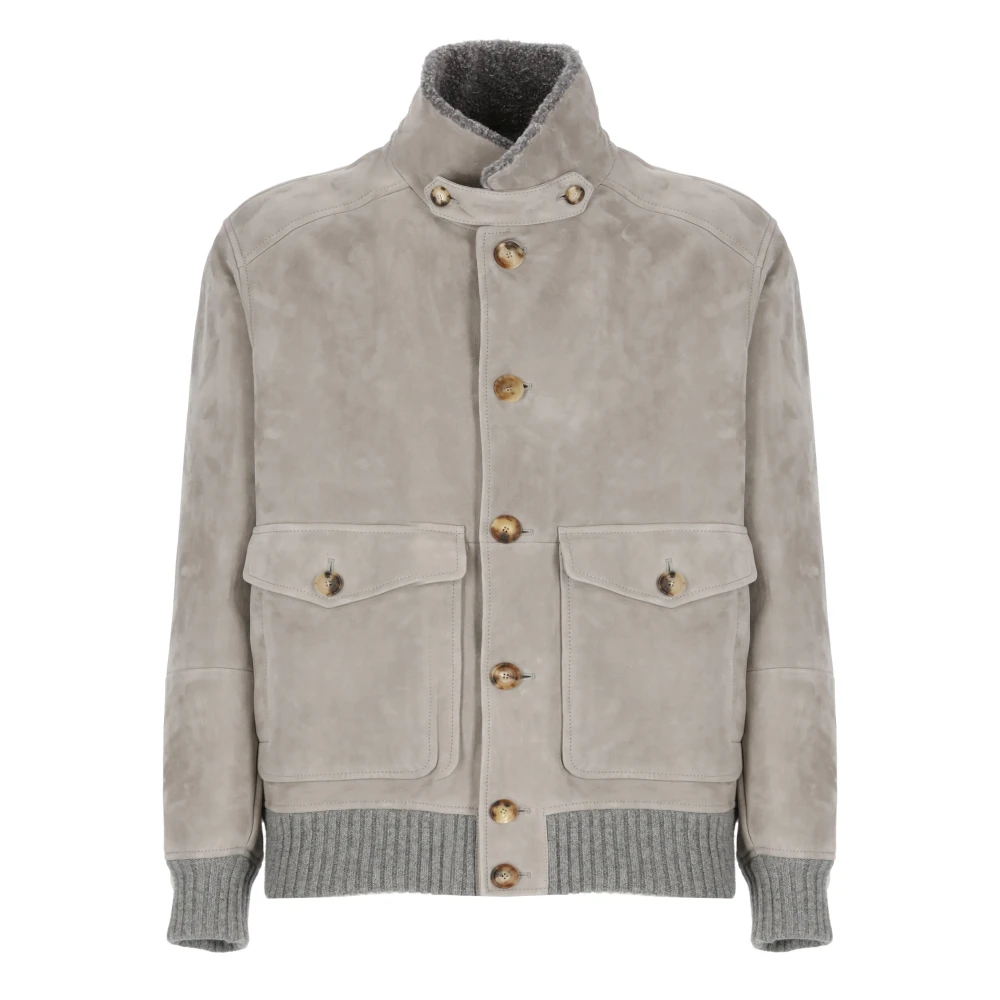 BRUNELLO CUCINELLI Grijze Suède Leren Cashmere Jas Gray Heren