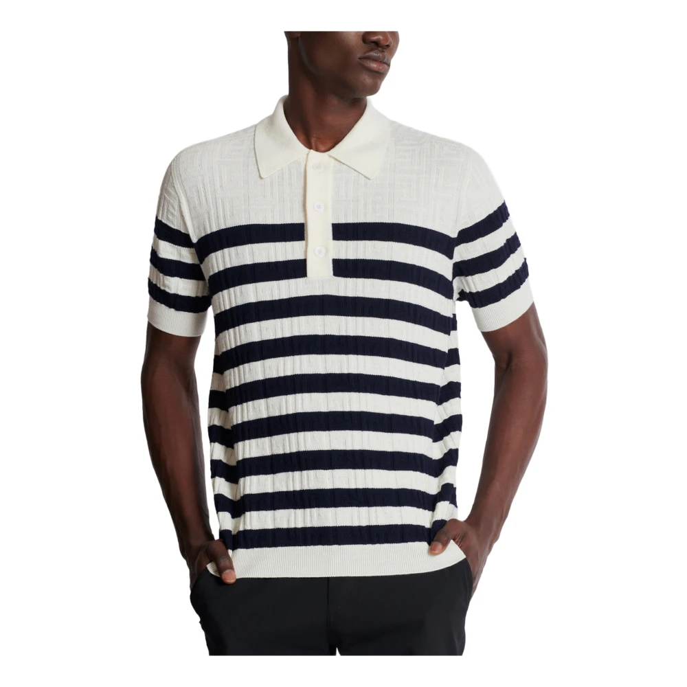 Balmain Gestreept Gebreid Poloshirt met Monogram White Heren