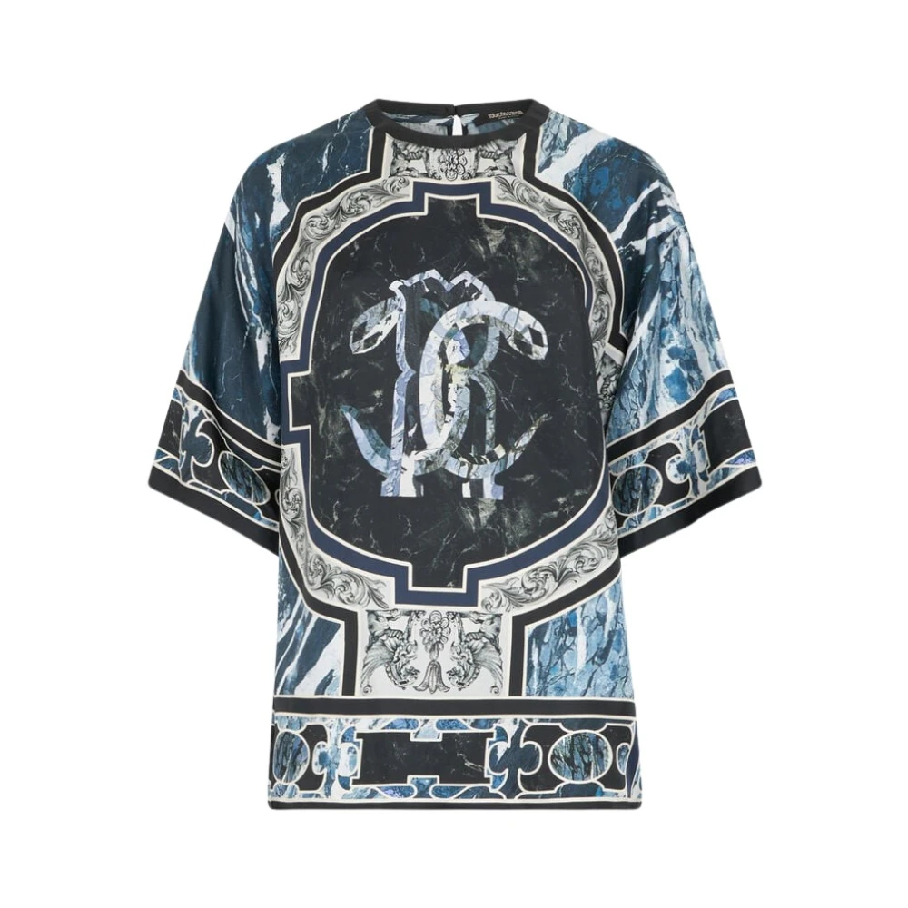 Roberto Cavalli T-Shirt With Mirror Snake Monogram And Marble Print - Female - T-Shirts - Blue - Xl - Tops