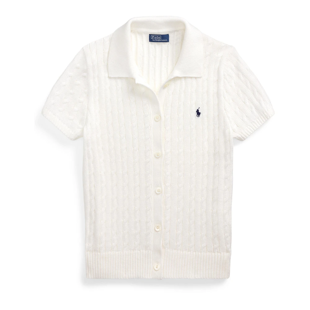 Polo Ralph Lauren Women's White Cardigans, L, Cable Knit Jumper With Navy Blue Pony Embroidery
