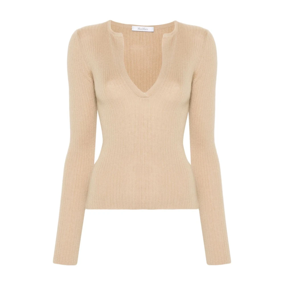 Max Mara Beige Cashmere-Silk V-Neck Sweater Beige Dames