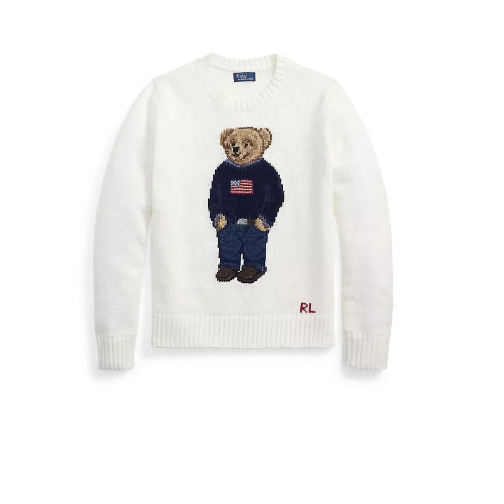 Polo Ralph Lauren Women's White Polo Bear Linen-Cotton Crewneck Sweater