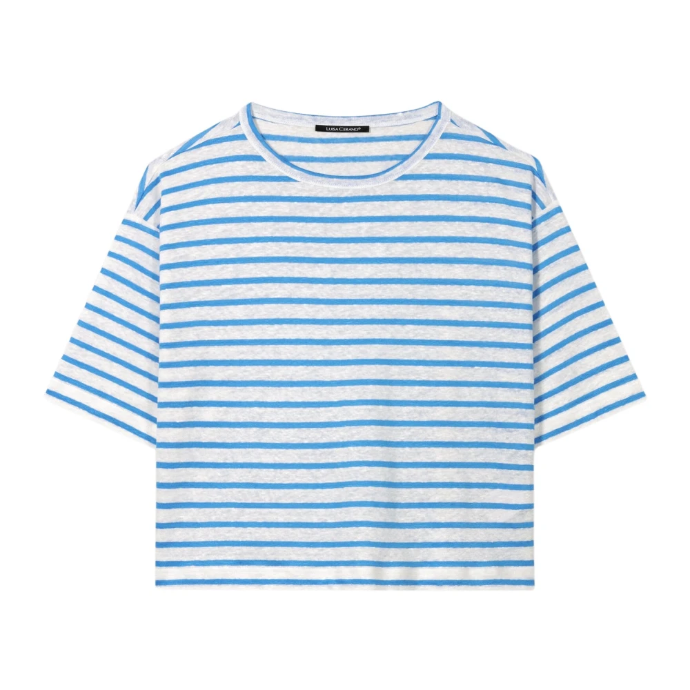 LUISA CERANO Gestreept Linnen T-Shirt Blue Dames