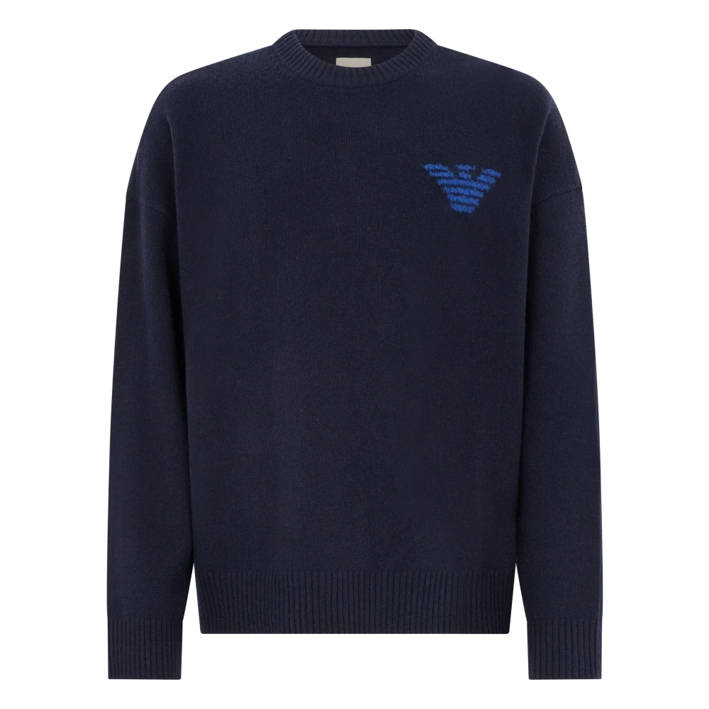 Emporio Armani Herr Blå Stickade Tröjor L, Intarsia Ullblandning Pullover Tröja
