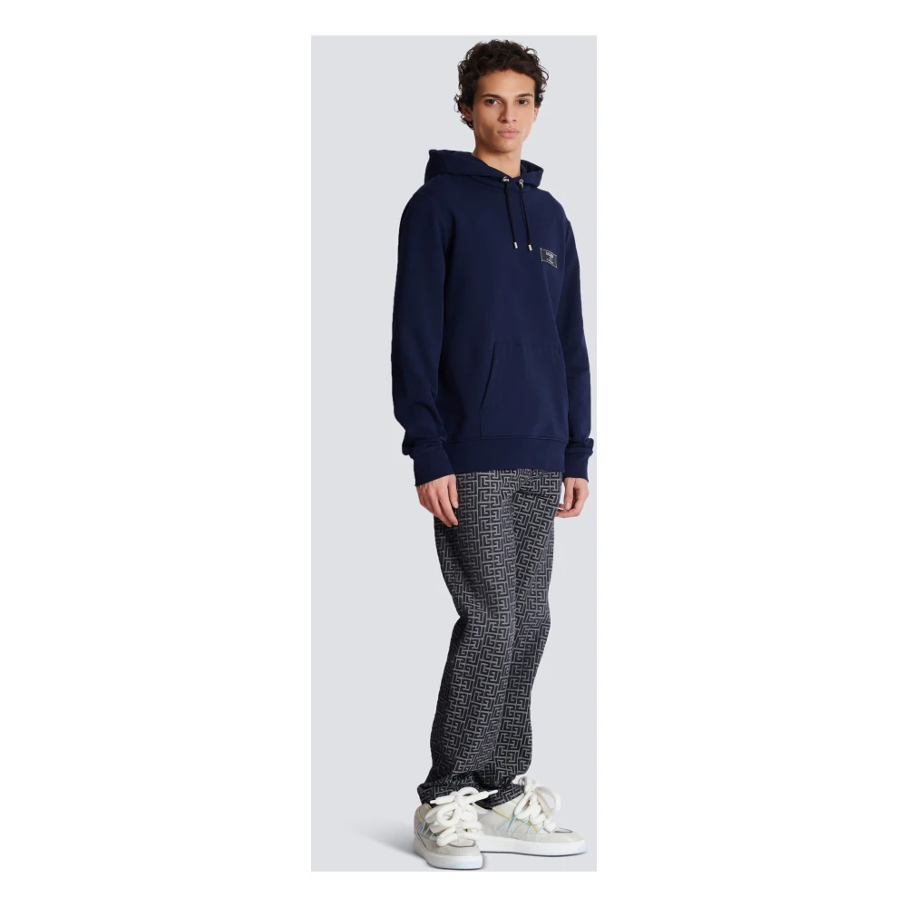 Balmain Logo Patch Hoodie Zwart Katoen Blue Heren