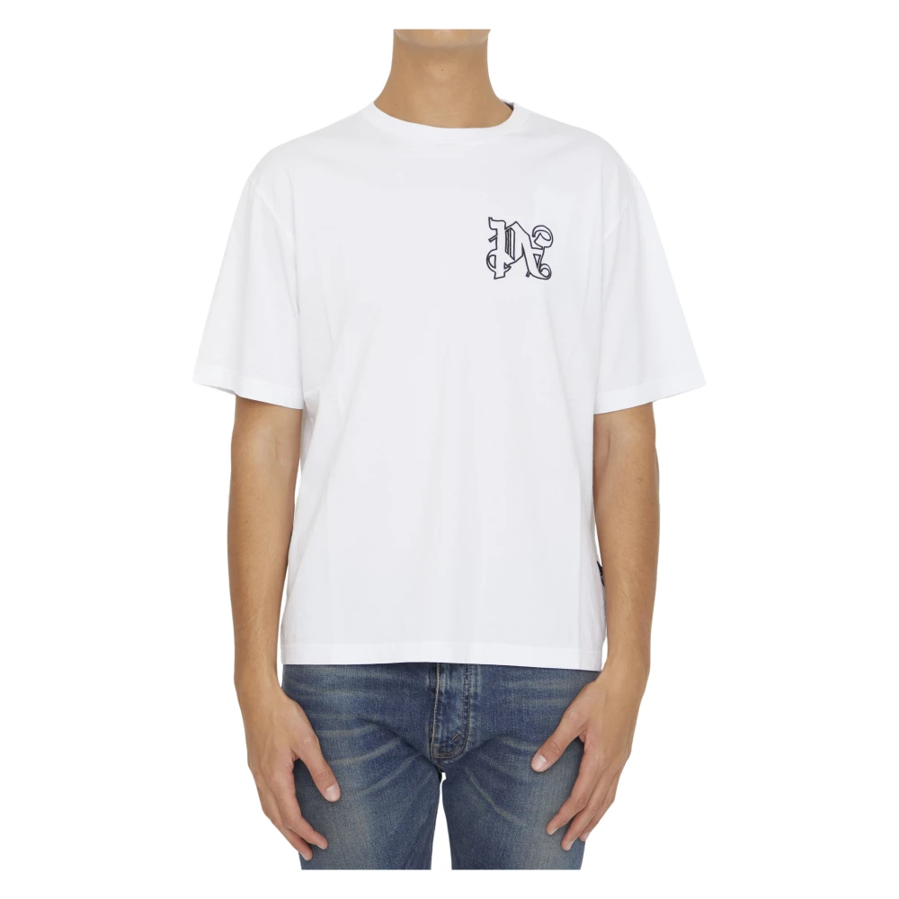 Palm Angels Wit Monogram Crewneck T-Shirt White Heren