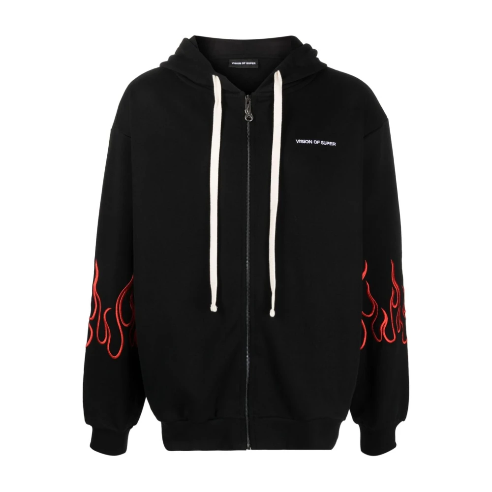 Vision Of Super Men's Black Zip-Throughs, M, Zip Hoodie With Red Flames