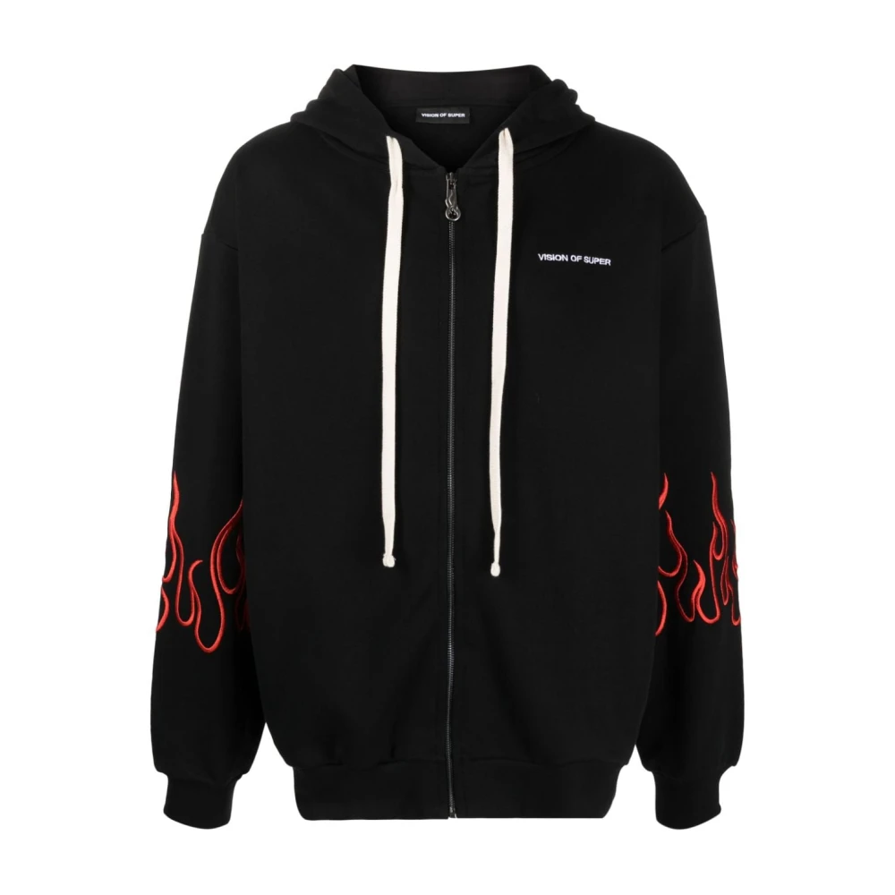 Vision OF Super Zwarte rits hoodie met rode geborduurde vlammen Black Heren