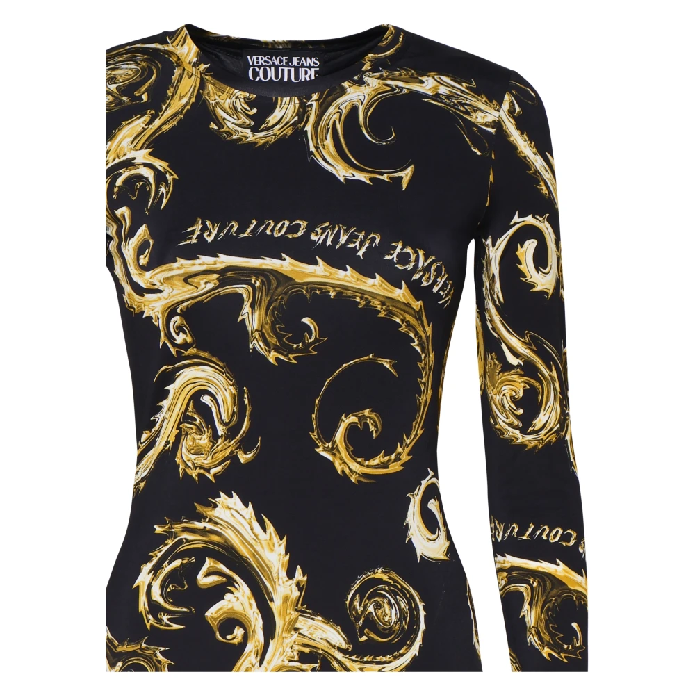 Versace Jeans Couture Barok Print Zwarte Jurk Lange Mouwen Multicolor Dames