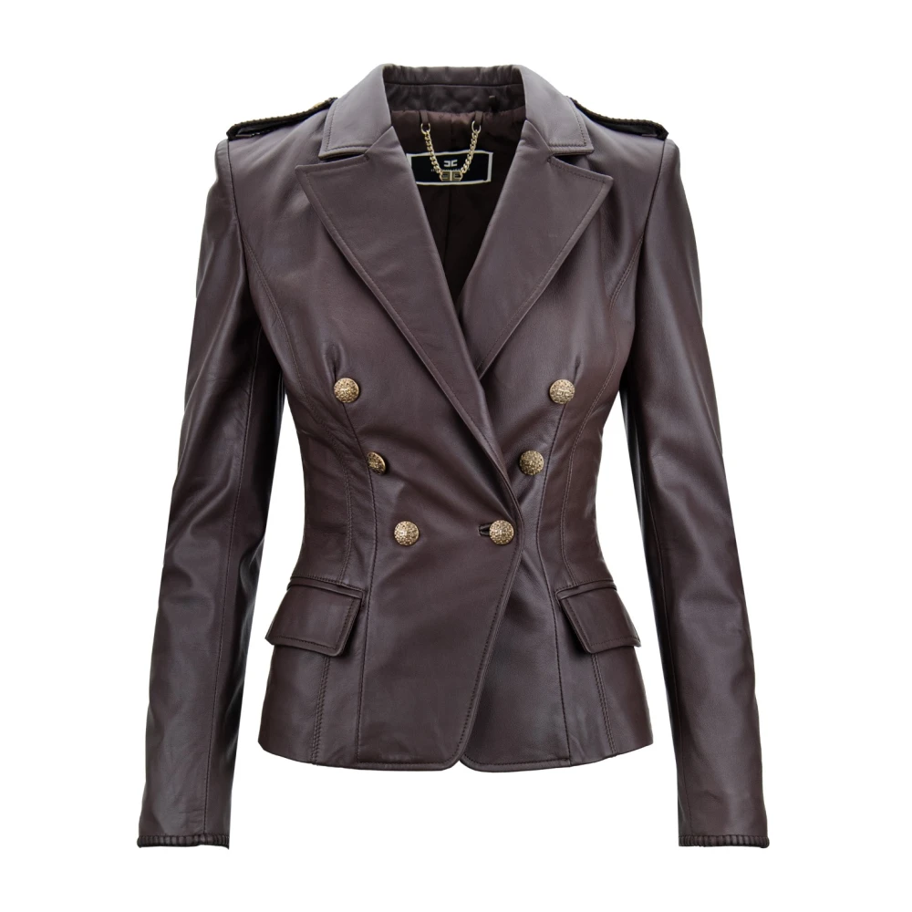 Elisabetta Franchi Double-breasted leren blazer met gouden knopen Brown Dames
