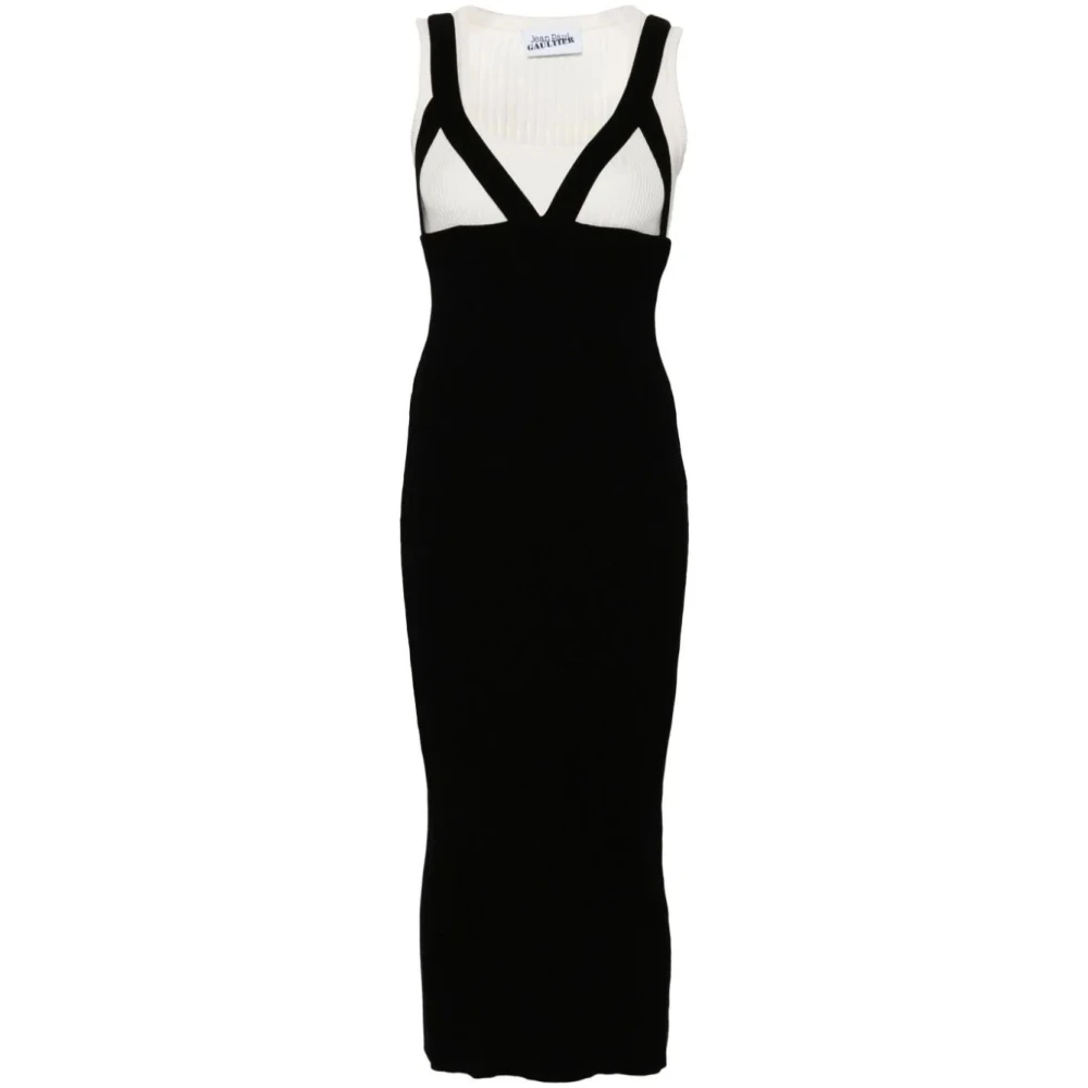 Jean Paul Gaultier Witte Bicolor Gebreide Lange Jurk Black Dames