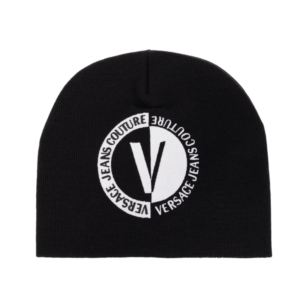 Versace Jeans Couture Unisex Black Wool Beanie With Logo Embroidery
