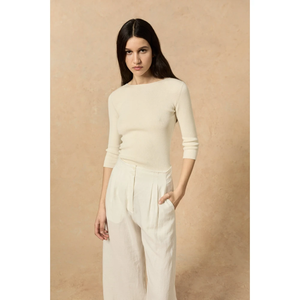 Cortana Ivoor Lange Mouw Zijde Blend Top Beige Dames