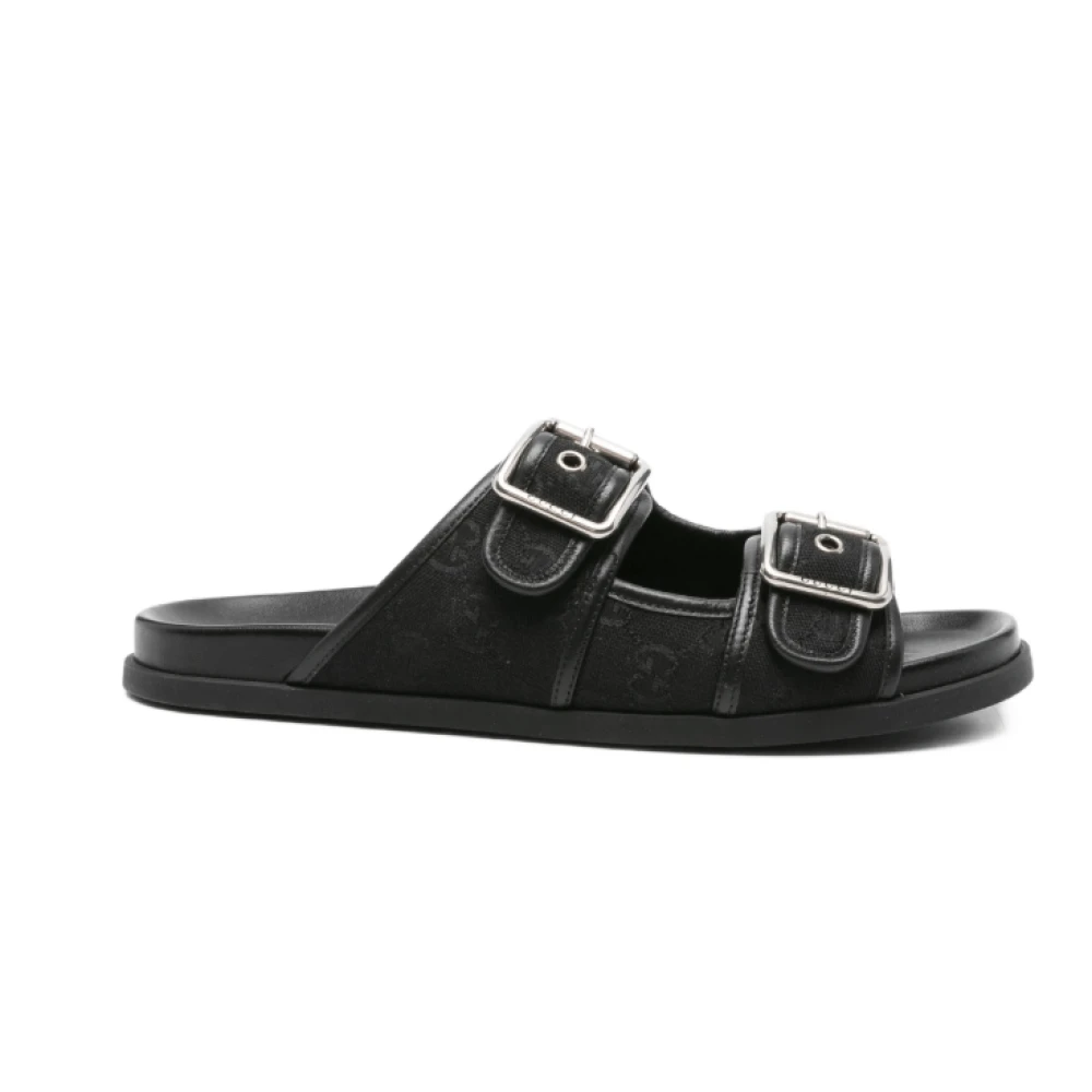 Gucci Svart A Läder Dubbel Spänne Sandaler