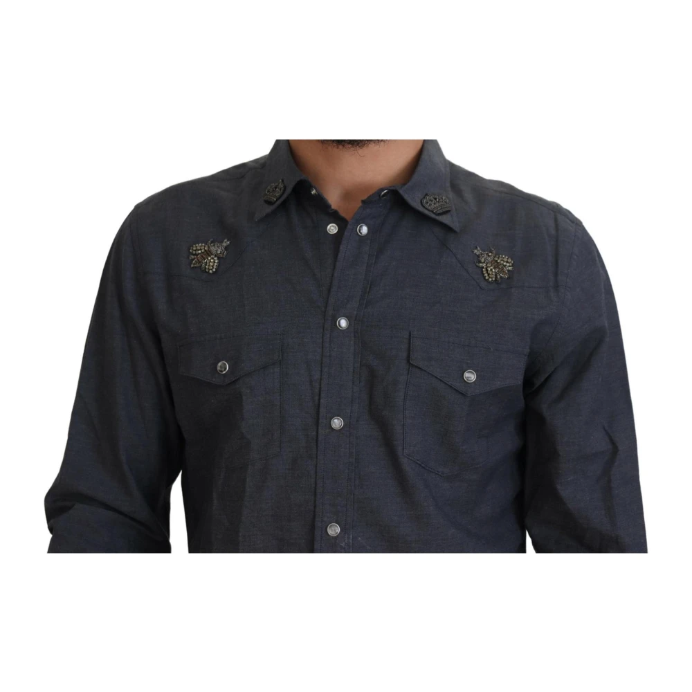 Dolce & Gabbana Bij Geborduurd Katoenen Casual Shirt Mannen Blue Heren