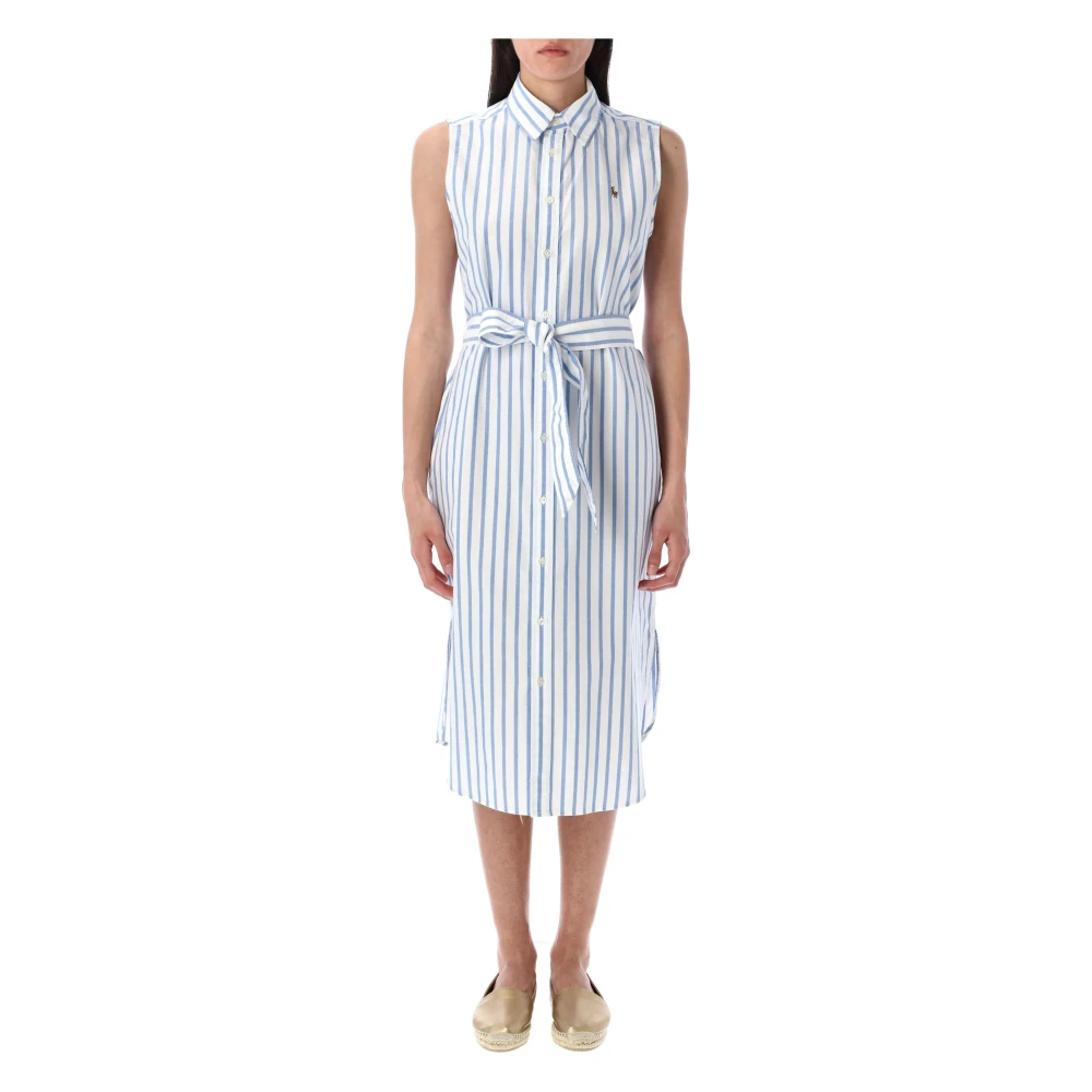 Ralph Lauren Women's Blue Striped Cotton Oxford Belted Shirtdress