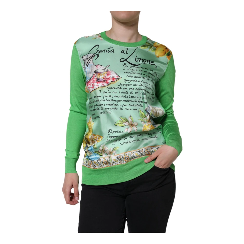 Dolce & Gabbana , Long Sleeve T-Shirts, Female, Green, Xs, Lemon Granita Silk Jumper