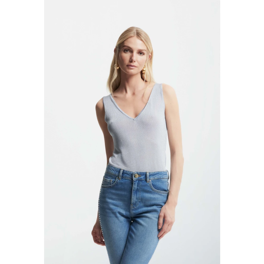 Kocca Glanzende V-Hals Gebreide Vest Top Blue Dames