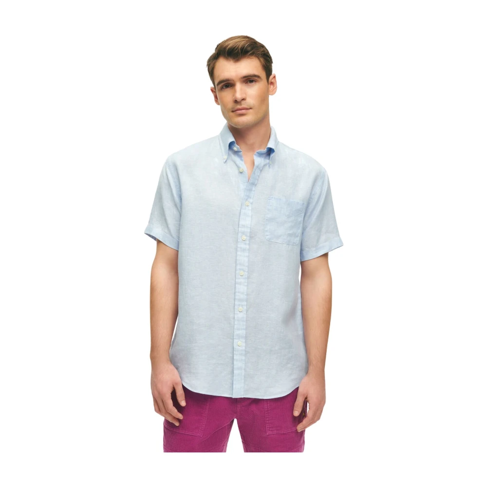 Brooks Brothers Lichtblauw linnen overhemd met korte mouwen regular fit en button-down kraag Blue Heren