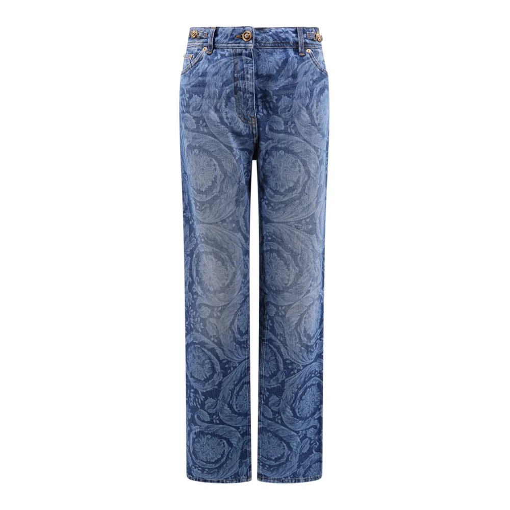 Versace Barok Laserprint Jeans met Medusa-details Blue Dames