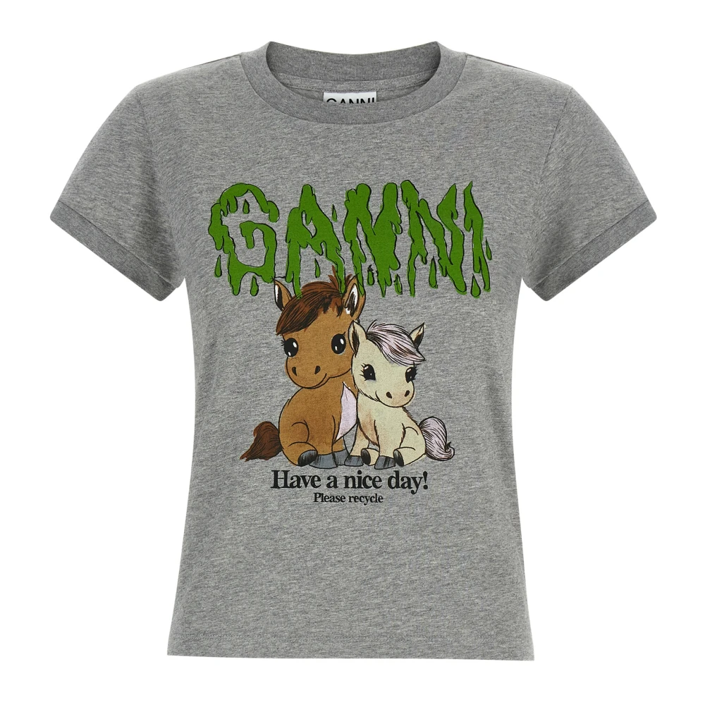 Ganni Women's Gray T-Shirts, S, Mélange Cotton Jersey T-Shirt