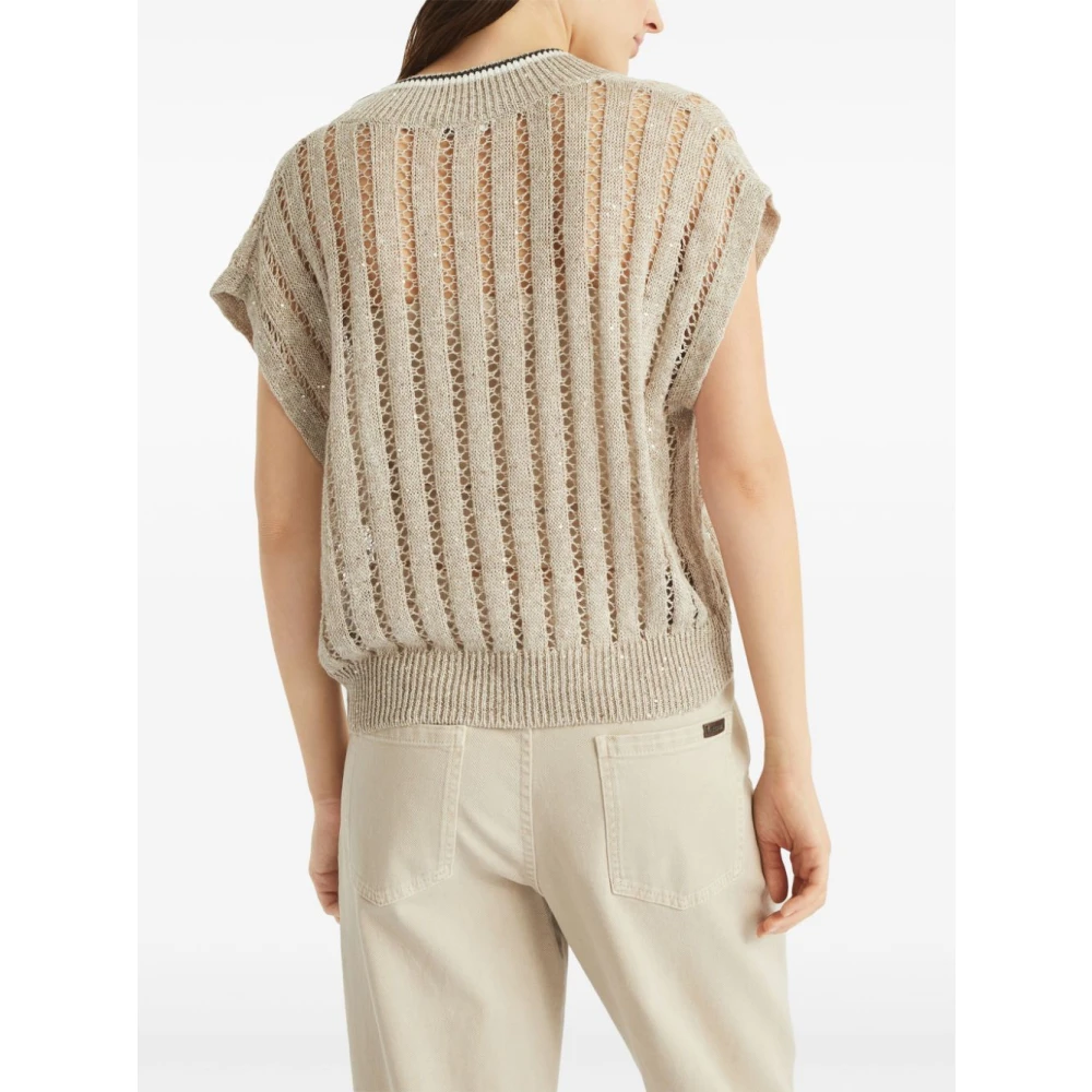 BRUNELLO CUCINELLI Beige Paillet Trui V-Hals Dazzling Gebreid Beige Dames