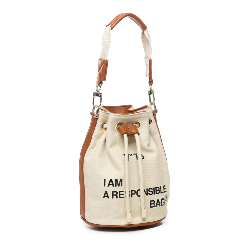 V73 Canvas Trekkoordtas met Slogan Print Beige Dames