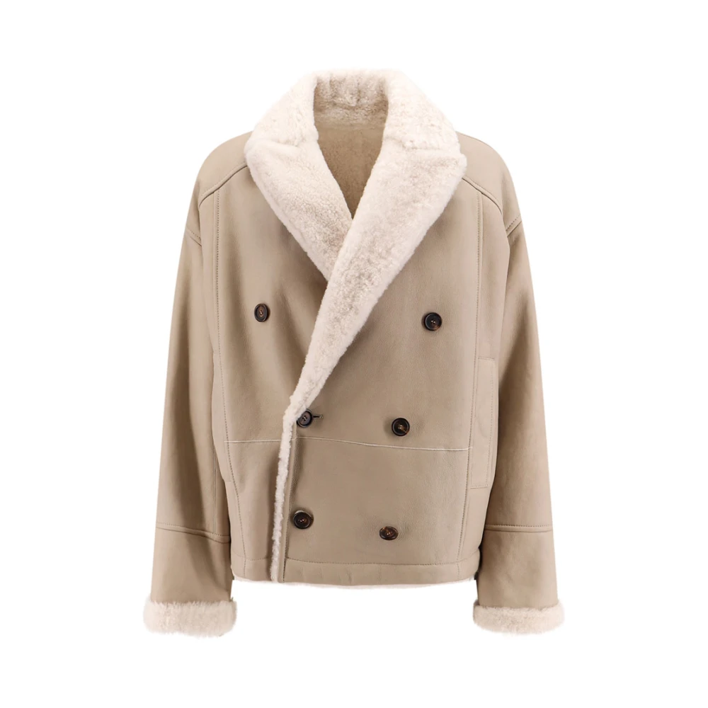 Brunello Cucinelli Vändbar Läder Shearling Jacka Beige, Dam