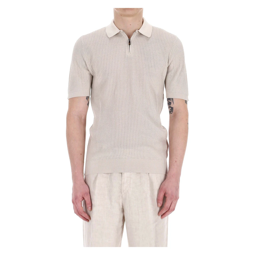 Eleventy Men's Beige Polo Shirts, L, Cotton Knit Polo Half Zip