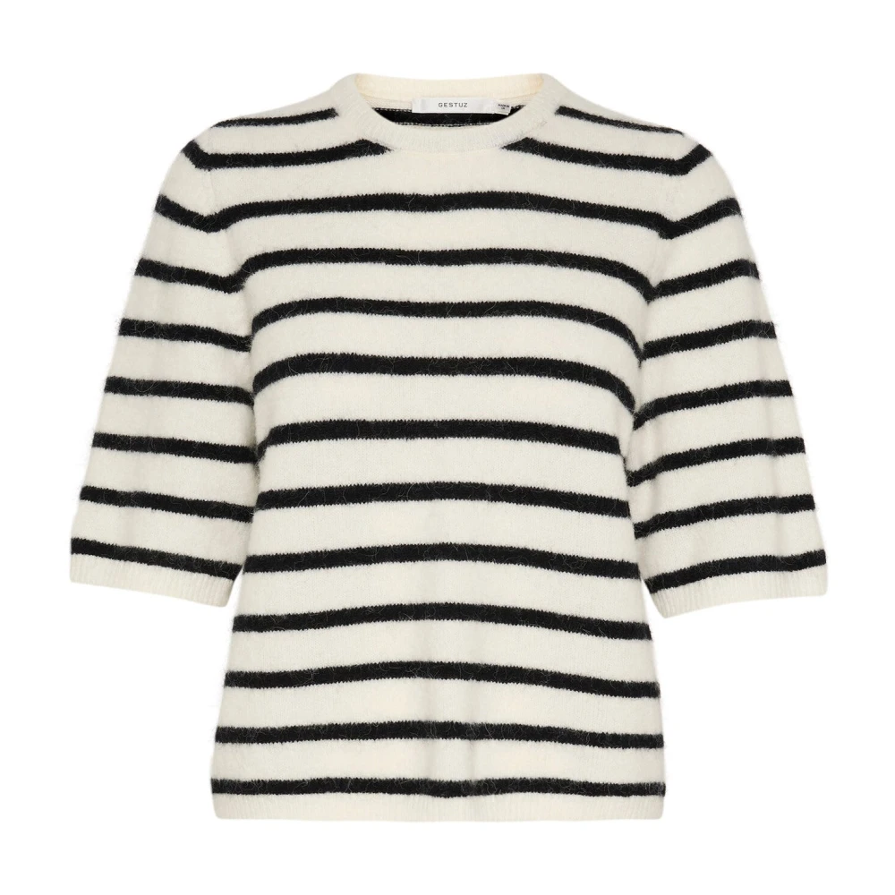 Gestuz Women's Multicolor Round-Neck Knitwear, S, Striped Knit Tee Ivory Black