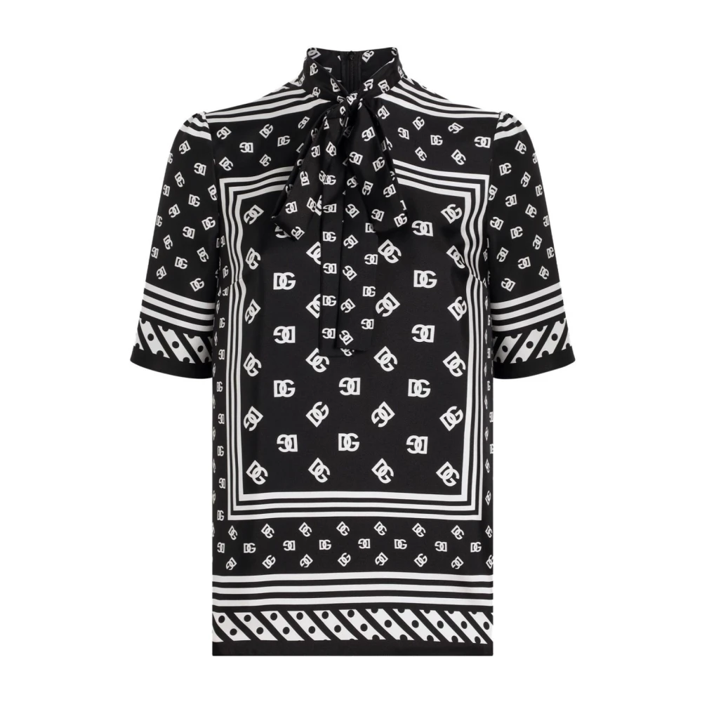Dolce & Gabbana Korte mouwen overhemd met logo's en strik Black Dames