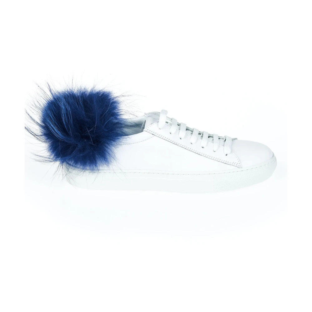 Mr&Mrs Italy Women's White Fur Pom Pom Sneakers - Contrast Heel