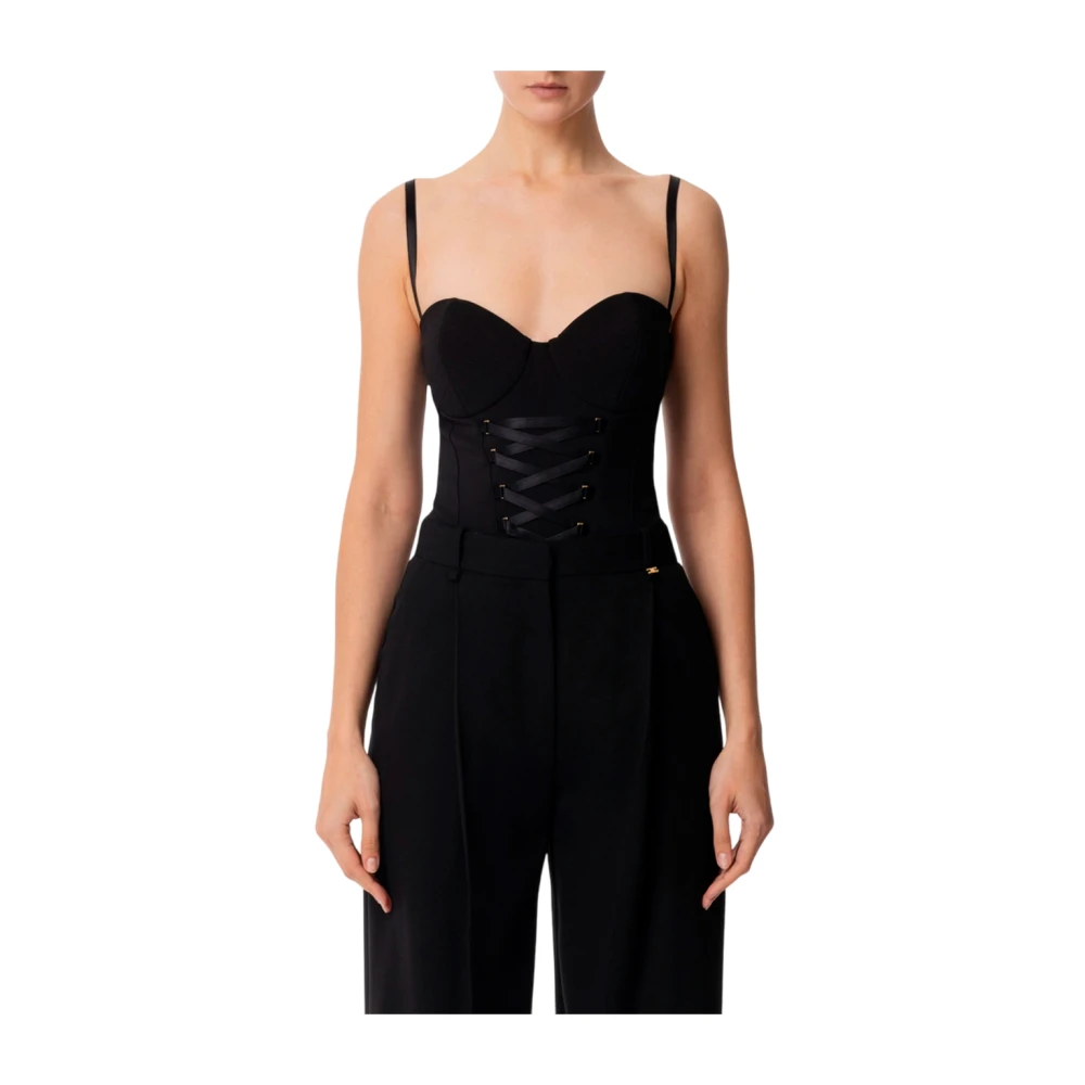 Elisabetta Franchi Crêpe Bustier Body met Topstitch Cups Black Dames