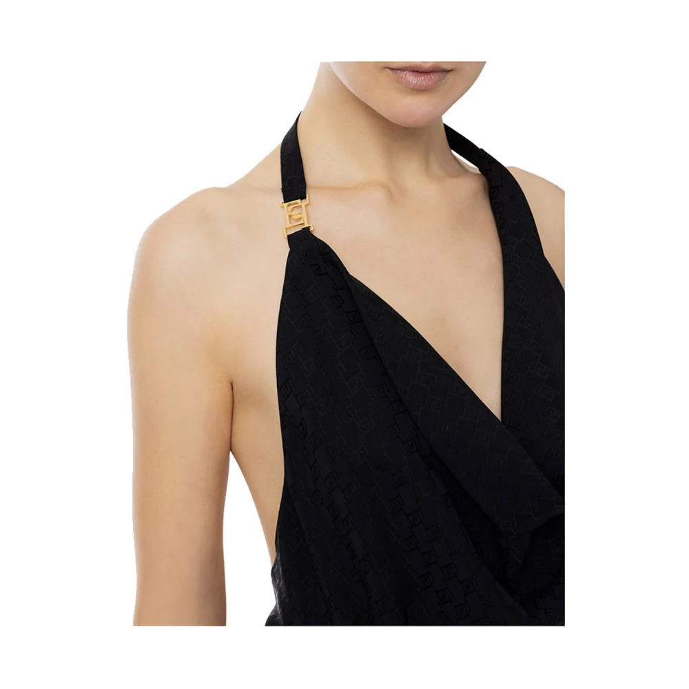 Elisabetta Franchi Zwart Jacquard Midi Jurk Black Dames