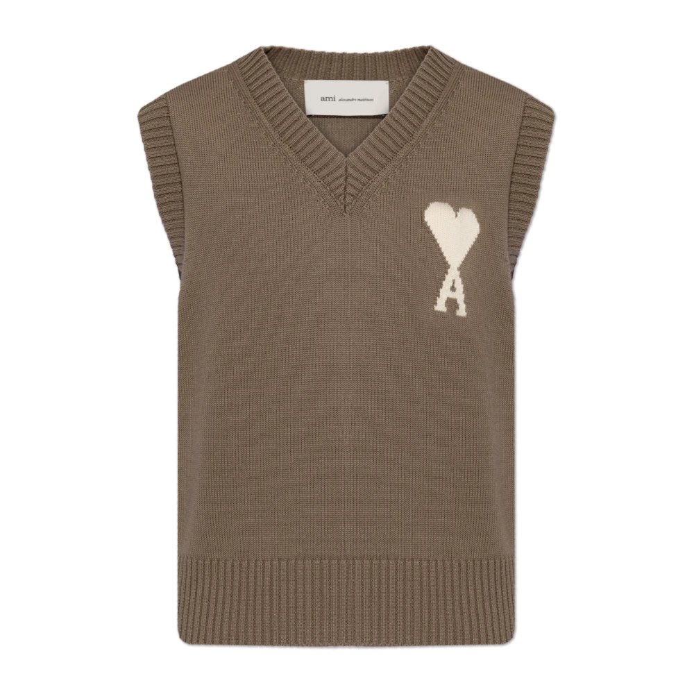 Ami Paris Donna Marrone Gilet Con Scollo A V