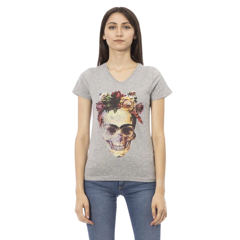 Trussardi Grijze Katoenen V-hals T-shirt met Frontprint Gray Dames