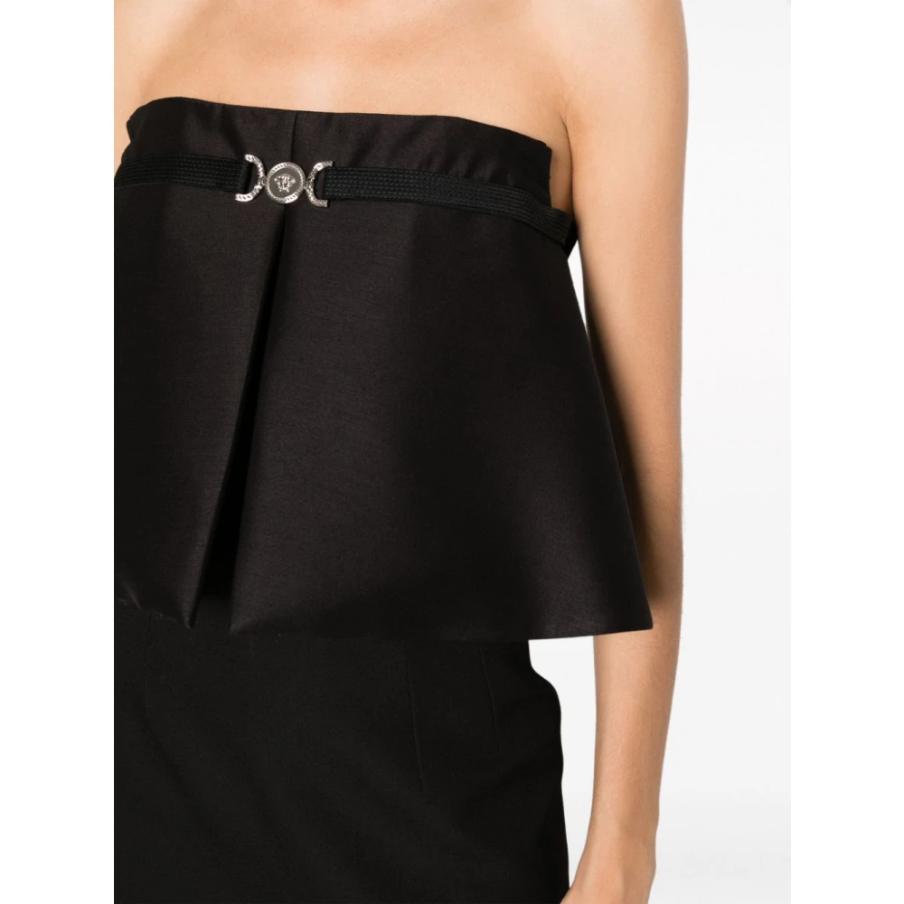 Versace Zwarte wollen en zijden top met voorste drapering en zilveren Medusa-gesp Black Dames